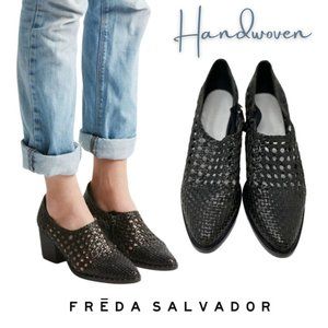 Freda Salvador Black Handwoven Leather Pointed Block Heel Shoes